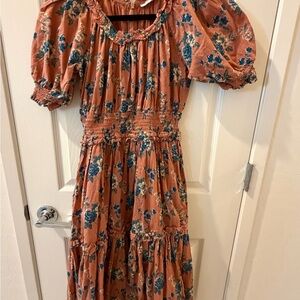 Ivy City Co Rust-Pink Midi Dress with Blue Floral Print